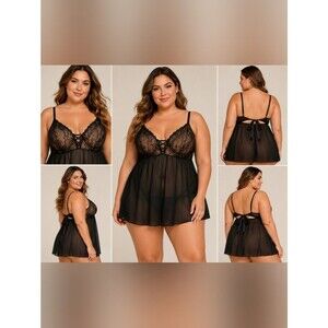 cacique black sheer lace babydoll chemise 22/24 underwire plus size